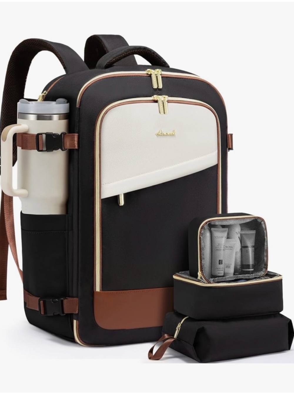 Black and White Travel Backpack with Brown Trim - Premium Organizer